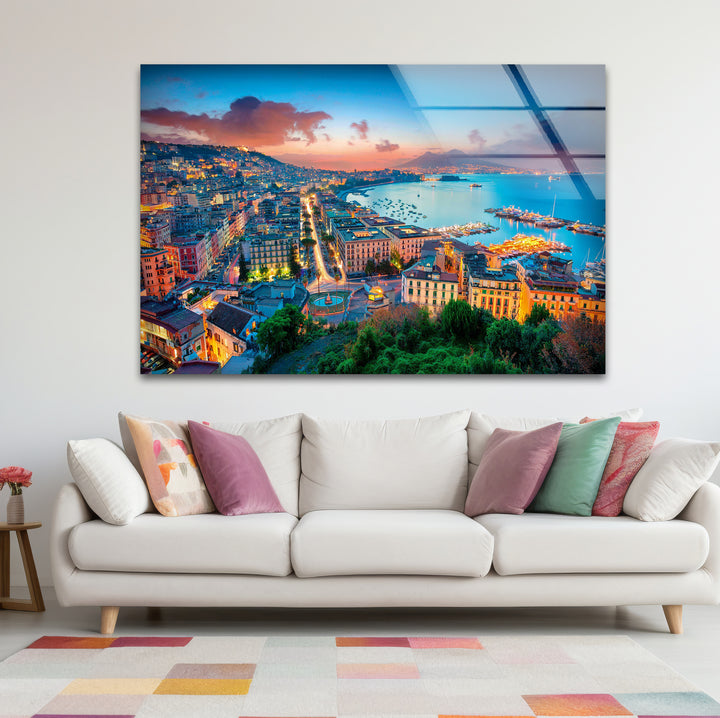 Glaswandkunst mit Skyline von Neapel – Blick auf die Bucht bei Sonnenuntergang und die Stadtlandschaft