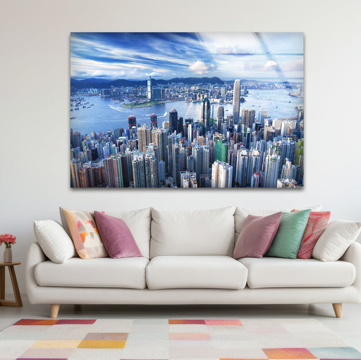 Glaswandkunst mit Skyline von Hongkong – Stadtbild und Hafen aus der Luft