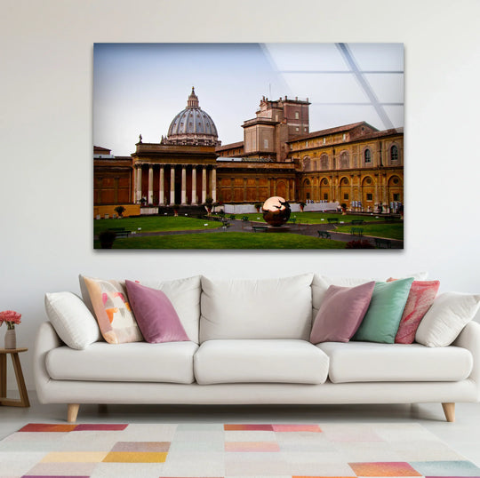 Showcasing the layering effect, this Vatican Museums print wall art features the courtyard, St. Peter’s Basilica dome, and surrounding architecture in a stunning composition.