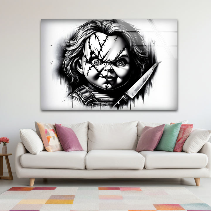 Bold black and white framed art of Chucky, blending his iconic look with artistic flair.