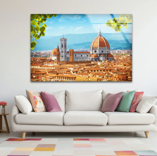 The stillness of the Florence skyline, a decorative wall art piece presenting the Duomo Cathedral and cityscape in tranquil repose on glass.
