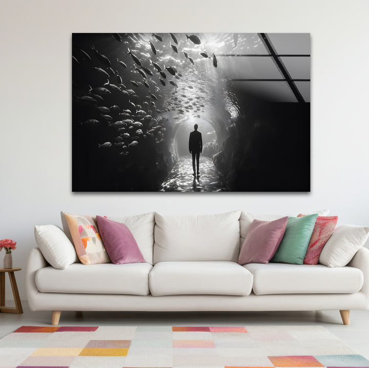 Chic black and white wall decor depicting a mesmerizing underwater aquarium perspective.