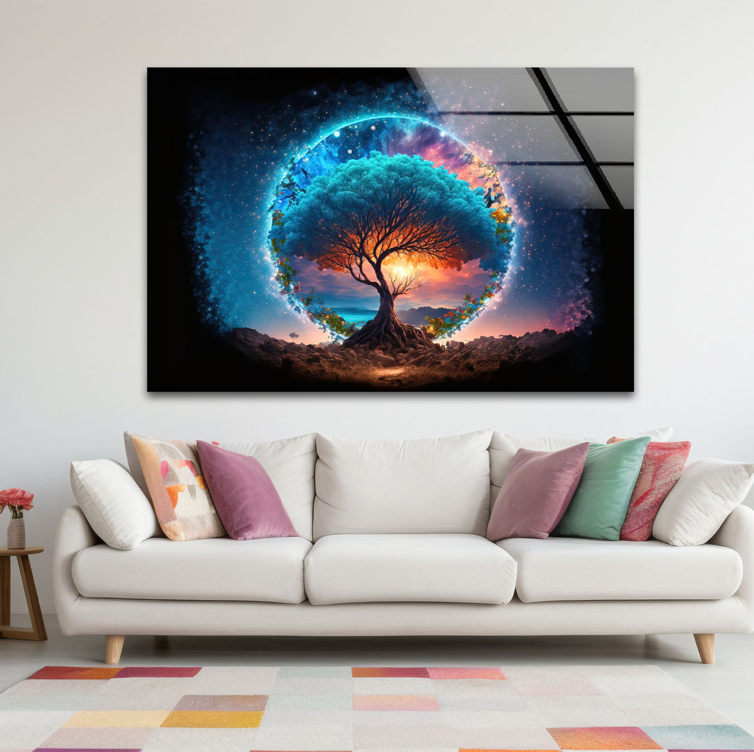 Himmlischer Lebensbaum Wandkunst – Mystisches kosmisches Glas-Wanddekor