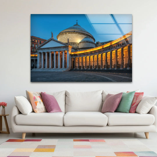 Highlighting the geometric elements of Naples' Piazza del Plebiscito at twilight, this glass wall art decor presents a rhythmic array of columns and a stately dome.