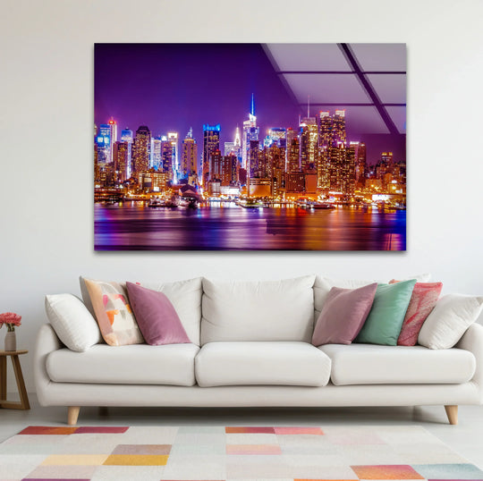 City Prints with illuminated skyline and dazzling reflections and New York City Glass Wall Art plus night skyline decor on white wall