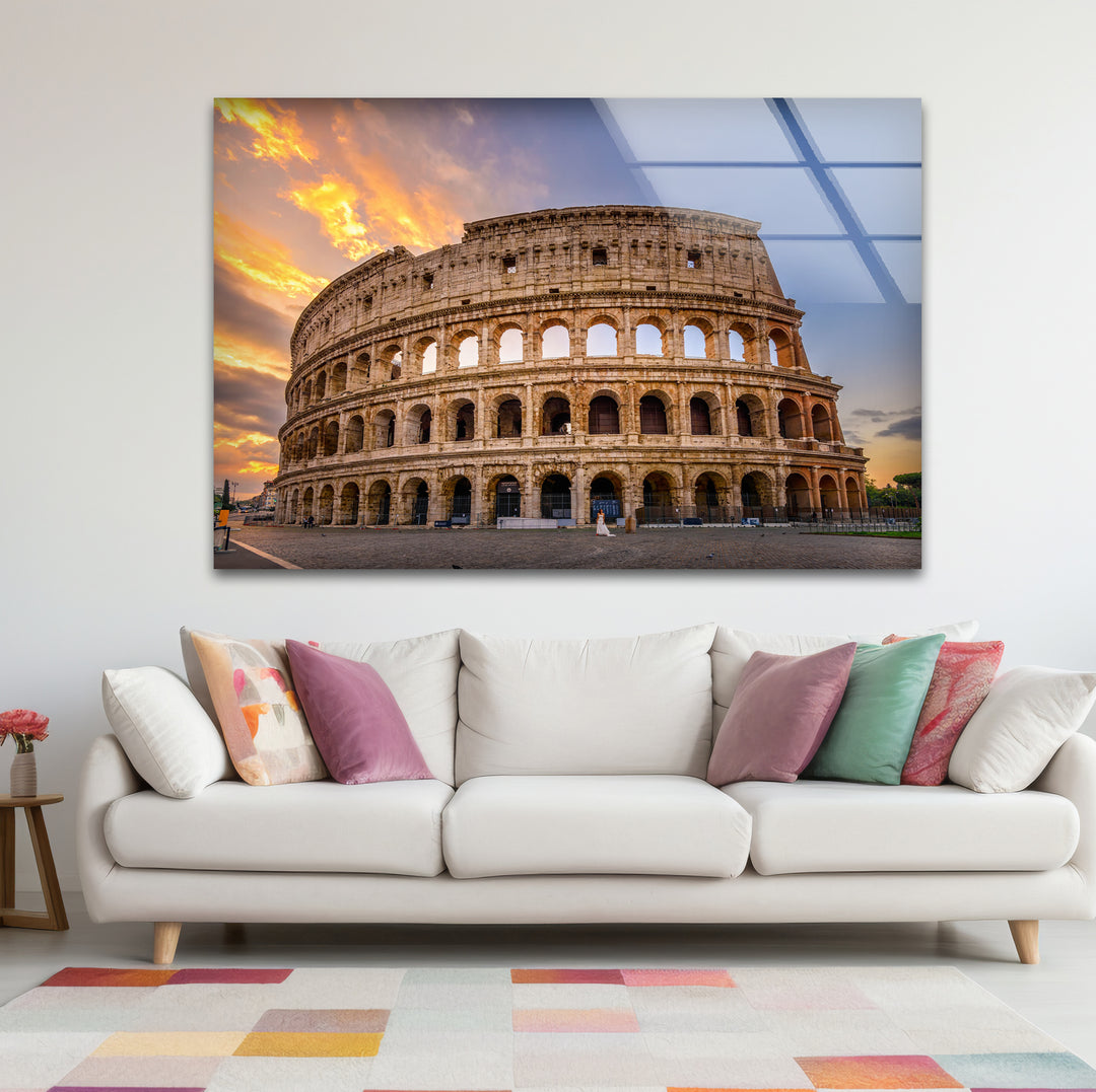 Rome Colosseum Glass Wall Art – Historic Landmark at Sunset