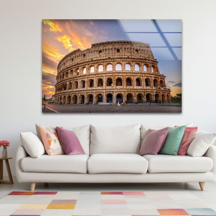 Rome Colosseum Glass Wall Art – Historic Landmark at Sunset