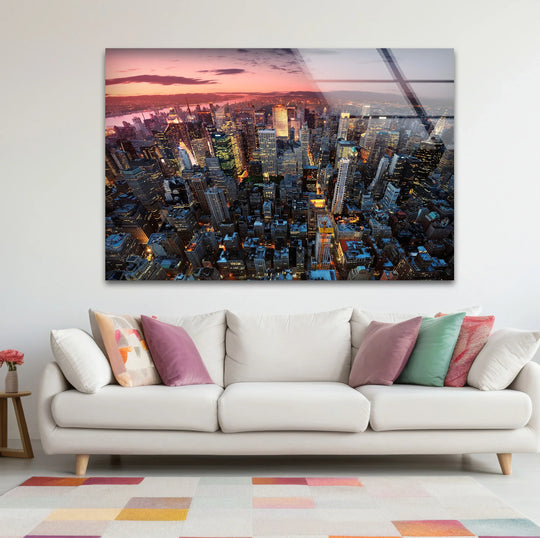 City Prints glass wall art aerial sunset view and New York City skyline makes vibrant room decor on a white wall