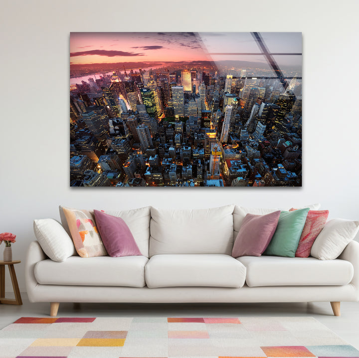 New York City Glaswandkunst – Luftaufnahme bei Sonnenuntergang