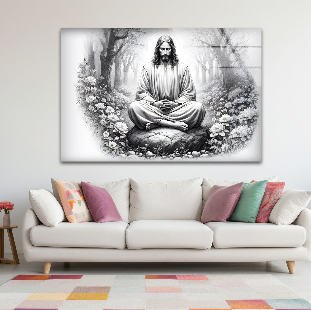 Bold black and white framed art of Jesus, creating a striking focal point for any room.