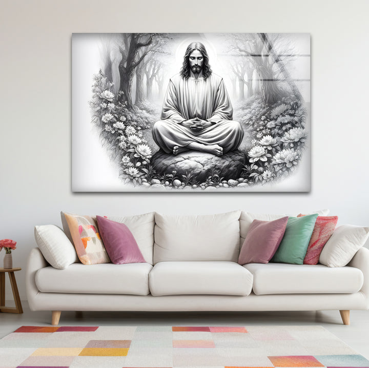 Bold black and white framed art of Jesus, creating a striking focal point for any room.