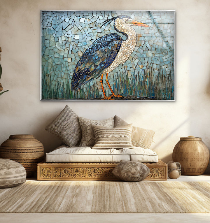Mosaic Majesty – Blauer Reiher, Glaswandkunst