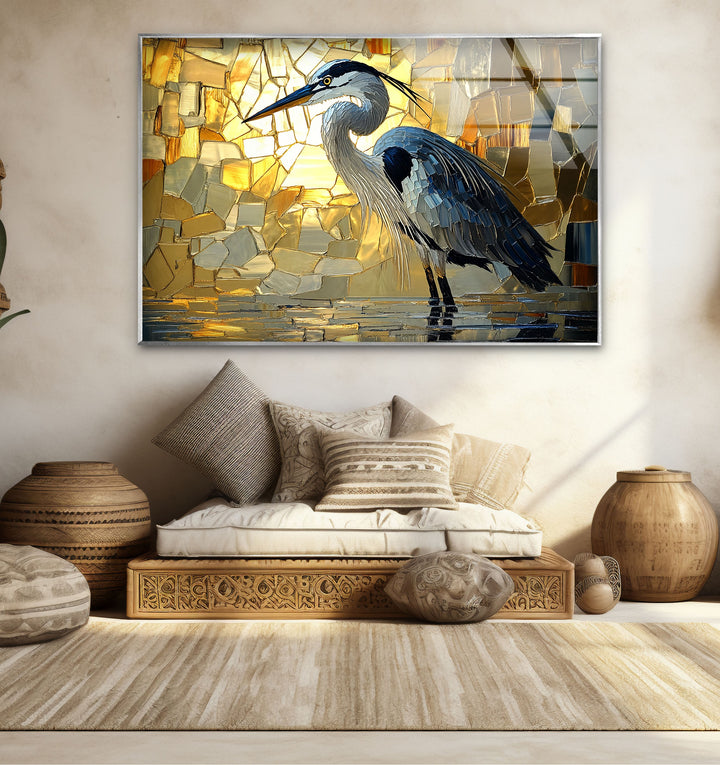 Goldenes Licht – Reiher in Mosaik-Leuchtglas-Wandkunst