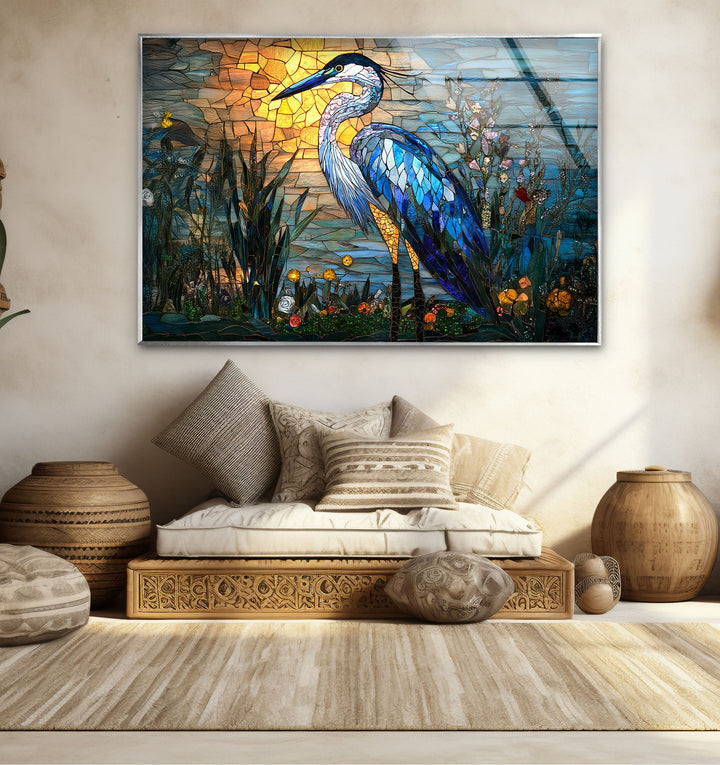 Sunset Majesty – Mosaikreiher-Wandkunst aus Glas