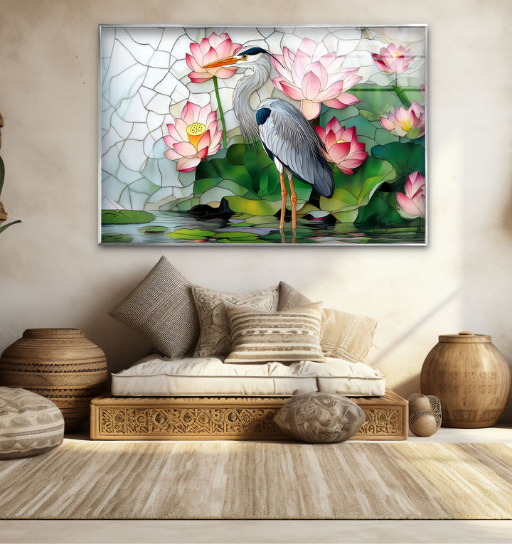 Lotus Serenity – Reiher &amp; rosa Seerosen Glaswandkunst