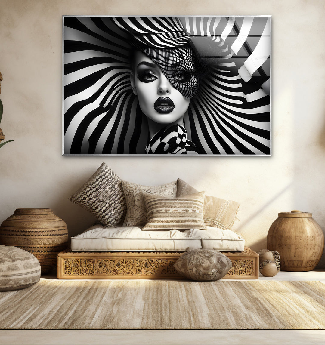 Modern black and white artwork highlighting the beauty of a woman’s face with intricate shading
