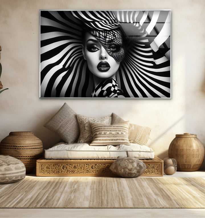 Modern black and white artwork highlighting the beauty of a woman’s face with intricate shading
