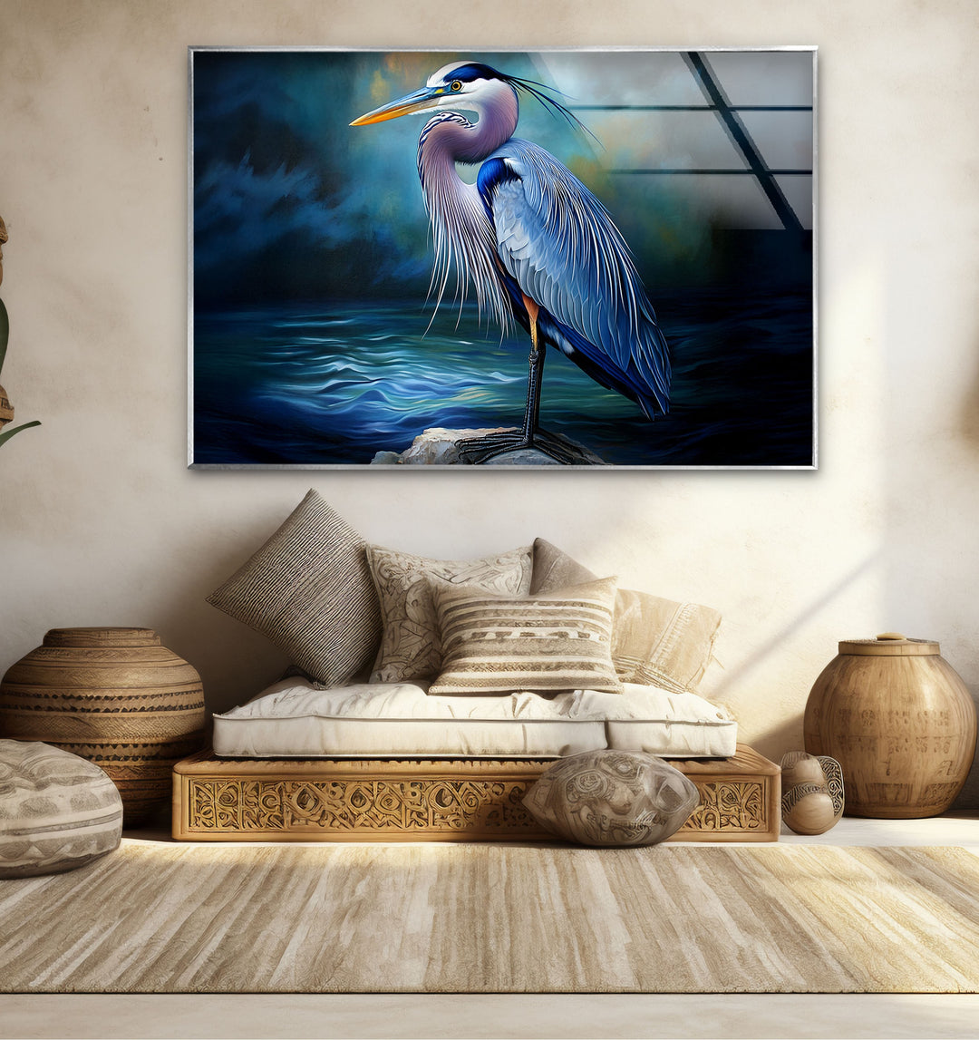 Midnight Grace – Blauer Reiher, realistische Glaswandkunst