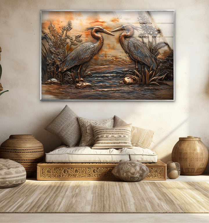 Goldene Reflexion – Zwillingsreiher in Bronze-Relief-Glaswandkunst