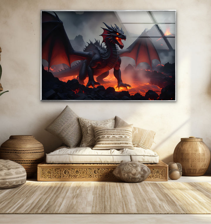 A breathtaking image of a red dragon, poised for battle, captured in vivid detail on durable glass wall art.
