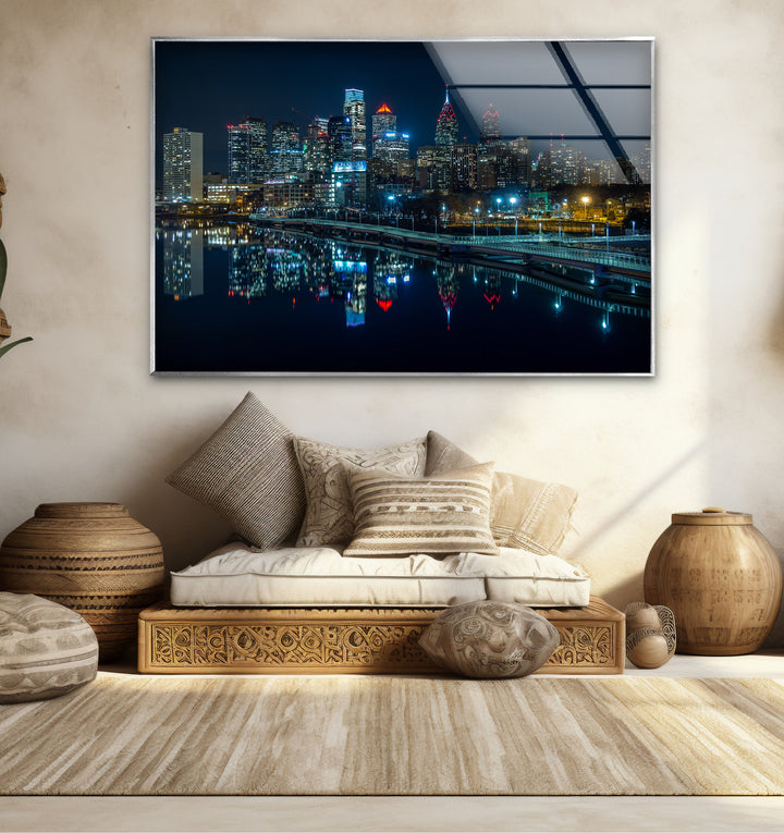Philadelphia Glaswandkunst – Skyline-Reflexionen bei Nacht