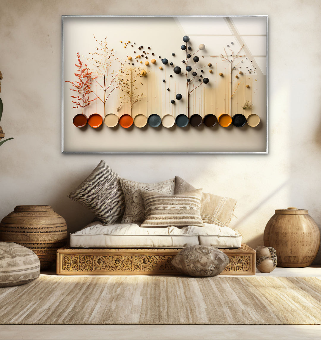 Moderne Naturpalette Wandkunst – Minimalistische Bäume &amp; Farbpunkte Glasdruck