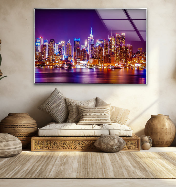 New York City Glaswandkunst – Beleuchtete Skyline bei Nacht
