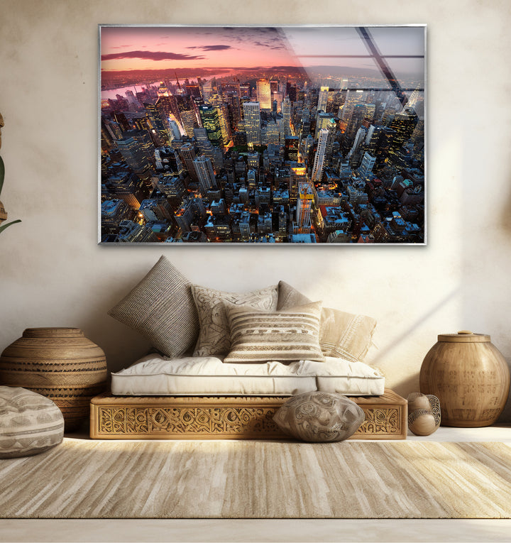 New York City Glaswandkunst – Luftaufnahme bei Sonnenuntergang