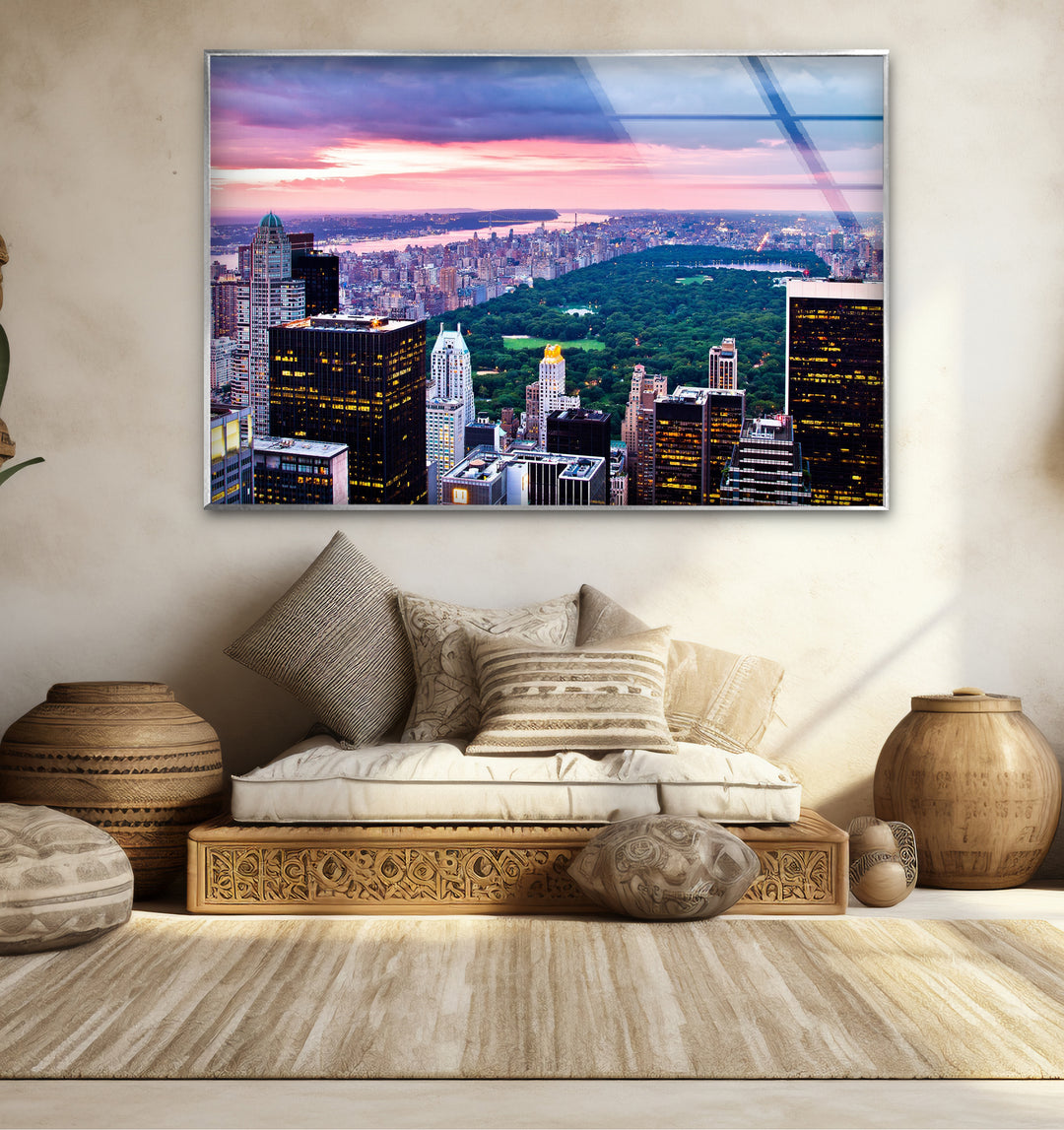 Glaswandkunst New York City – Skyline und Blick auf den Sonnenuntergang im Central Park