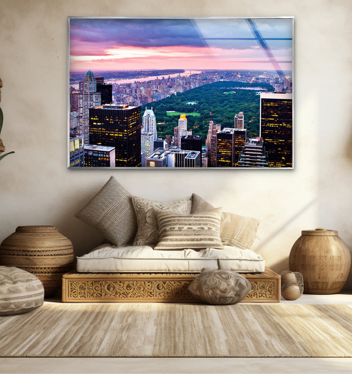 Glaswandkunst New York City – Skyline und Blick auf den Sonnenuntergang im Central Park