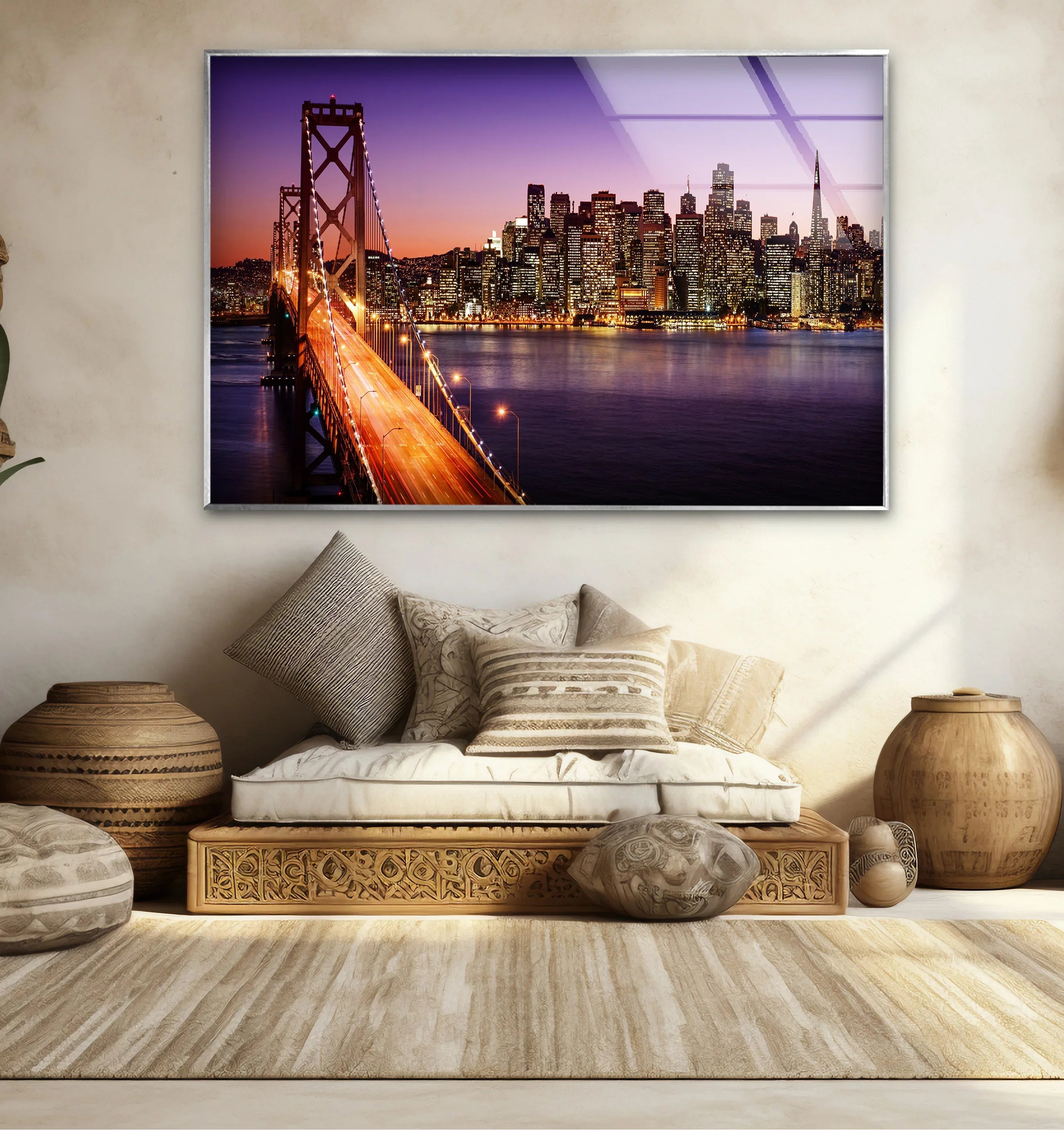 San Francisco Glass Wall Art | Bay Bridge & City Skyline at Night