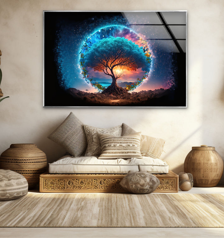 Himmlischer Lebensbaum Wandkunst – Mystisches kosmisches Glas-Wanddekor