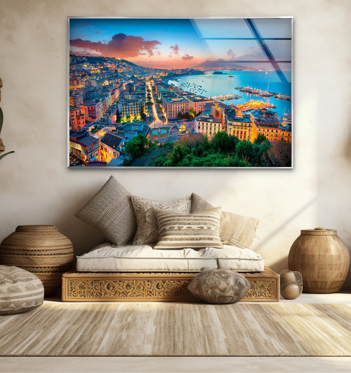 Glaswandkunst mit Skyline von Neapel – Blick auf die Bucht bei Sonnenuntergang und die Stadtlandschaft