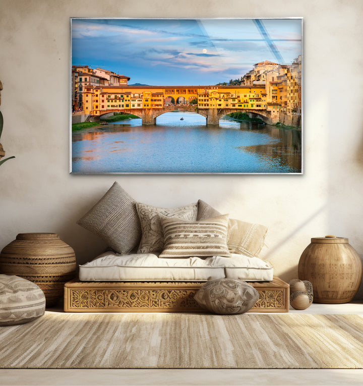 Glaswandkunst in Florenz – Ponte Vecchio über dem Fluss Arno