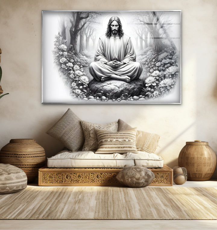 Chic black and white wall decor featuring a thoughtful depiction of Jesus with detailed textures.