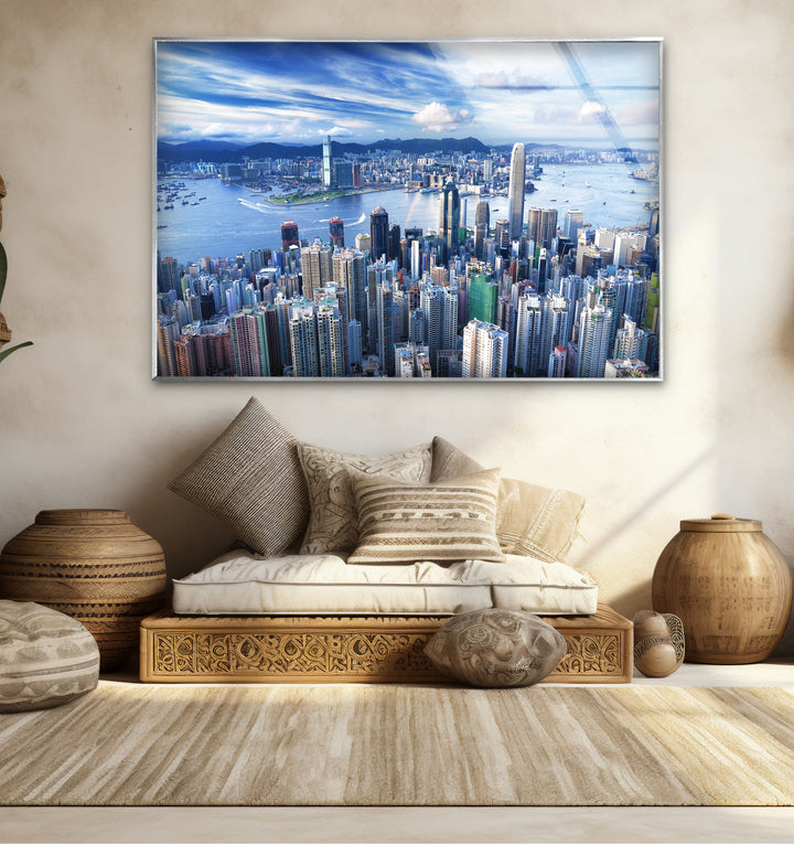 Glaswandkunst mit Skyline von Hongkong – Stadtbild und Hafen aus der Luft