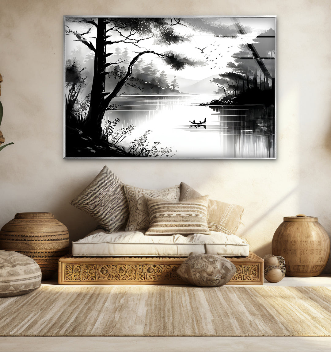 Chic black and white wall art of a lake view, ideal for creating a relaxing atmosphere in modern interiors.