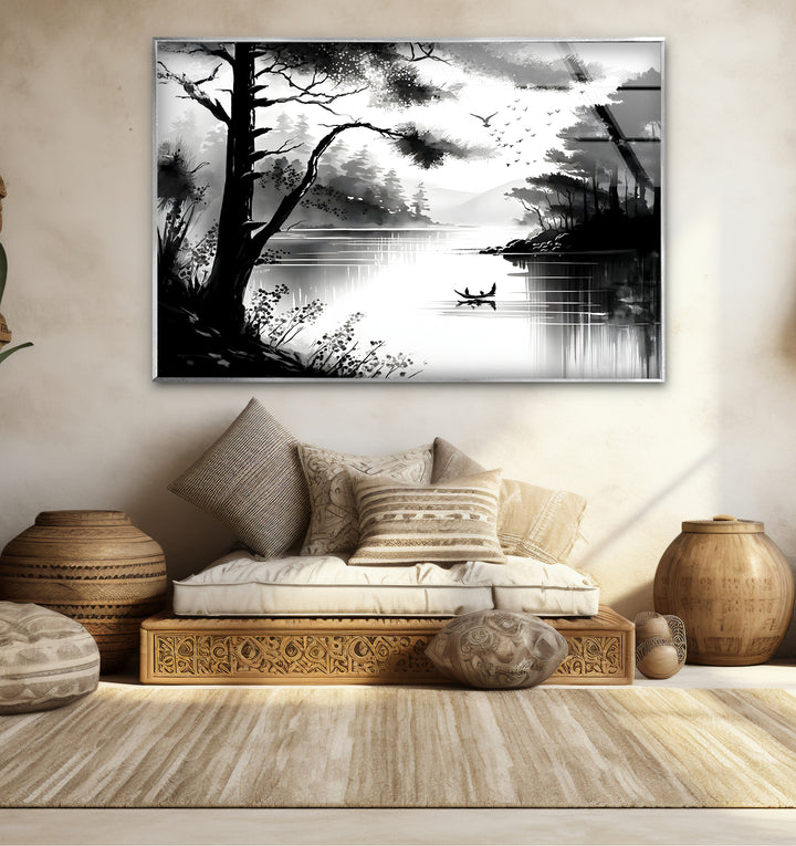 Chic black and white wall art of a lake view, ideal for creating a relaxing atmosphere in modern interiors.