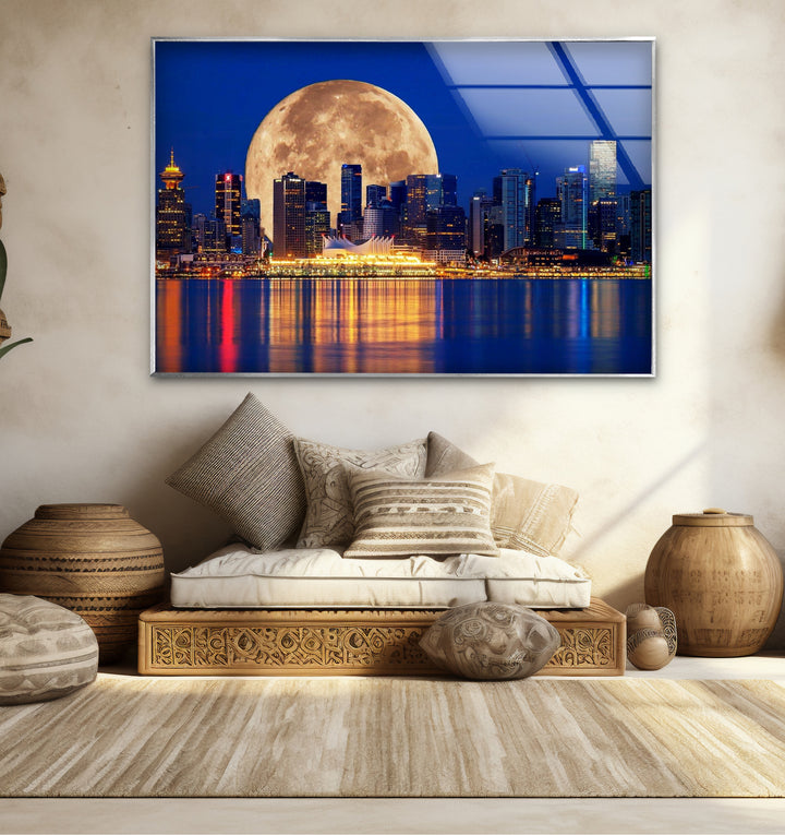 Vancouver Skyline Glass Wall Art – Supermoon Over City Lights