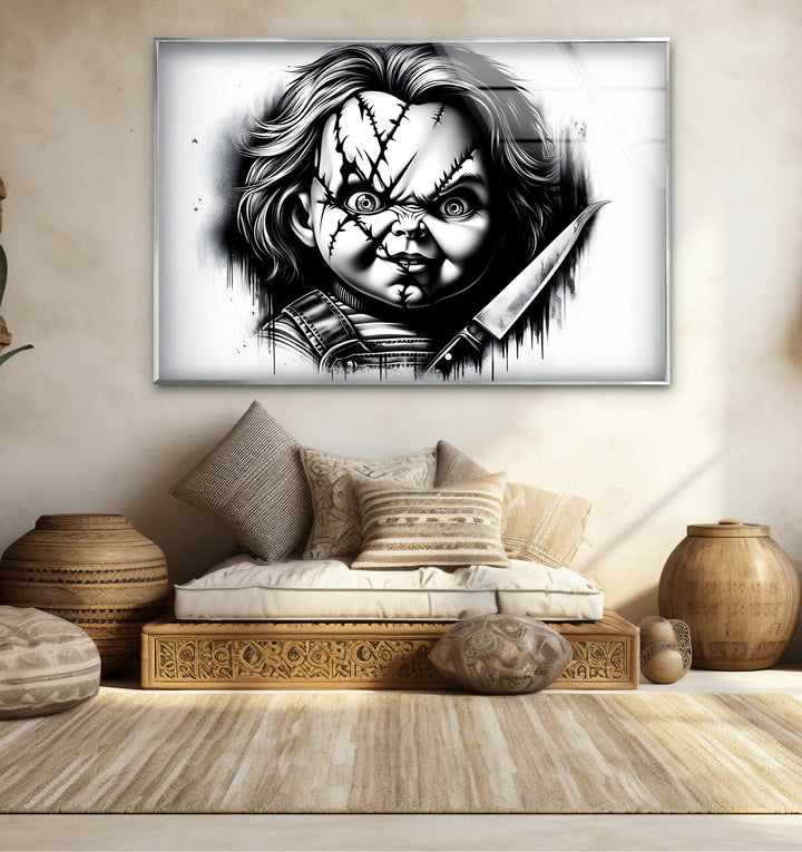 Unique black and white wall decor showcasing Chucky in a hauntingly detailed and creative composition.