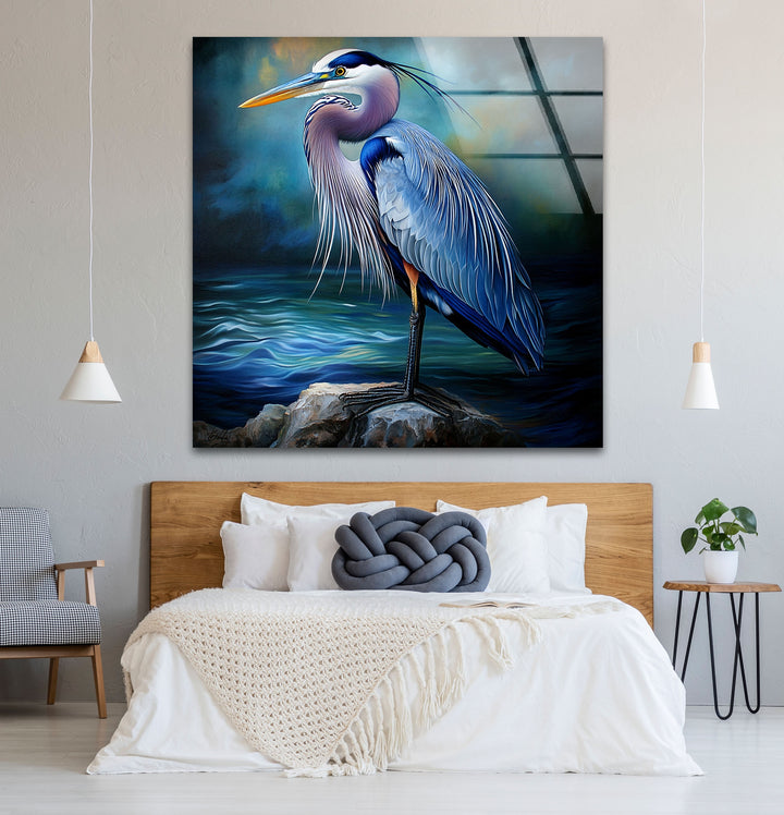 Midnight Grace – Blauer Reiher, realistische Glaswandkunst