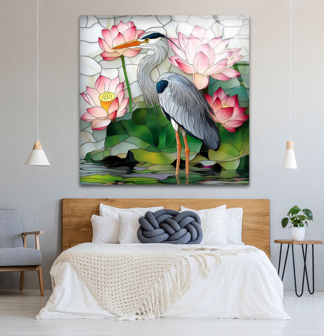 Lotus Serenity – Reiher &amp; rosa Seerosen Glaswandkunst