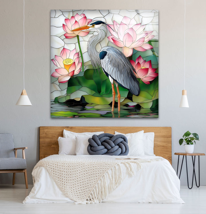 Lotus Serenity – Reiher &amp; rosa Seerosen Glaswandkunst