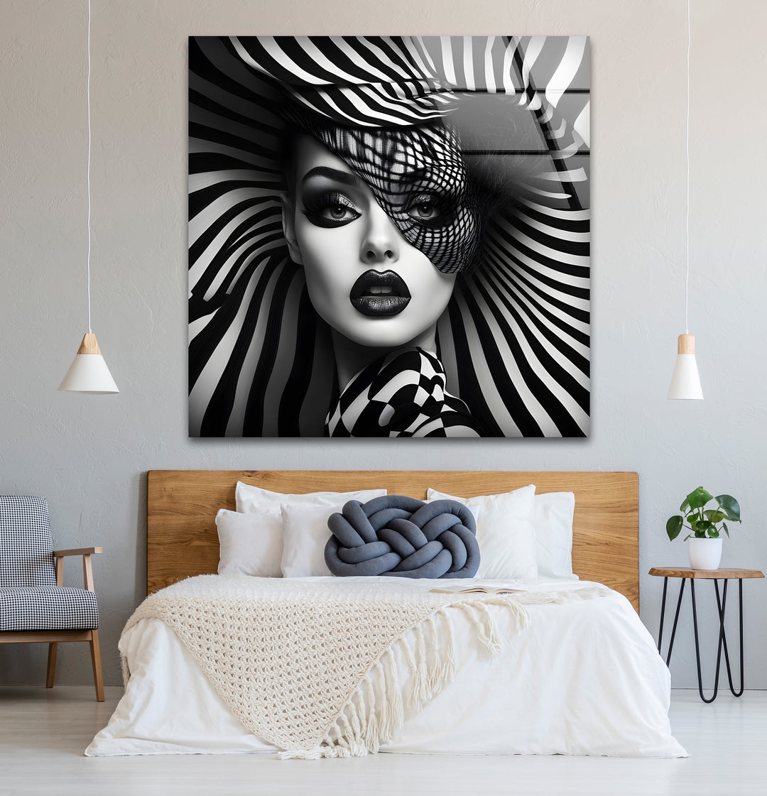 Striking black and white abstract art celebrating the allure of a woman’s face in a dynamic design
