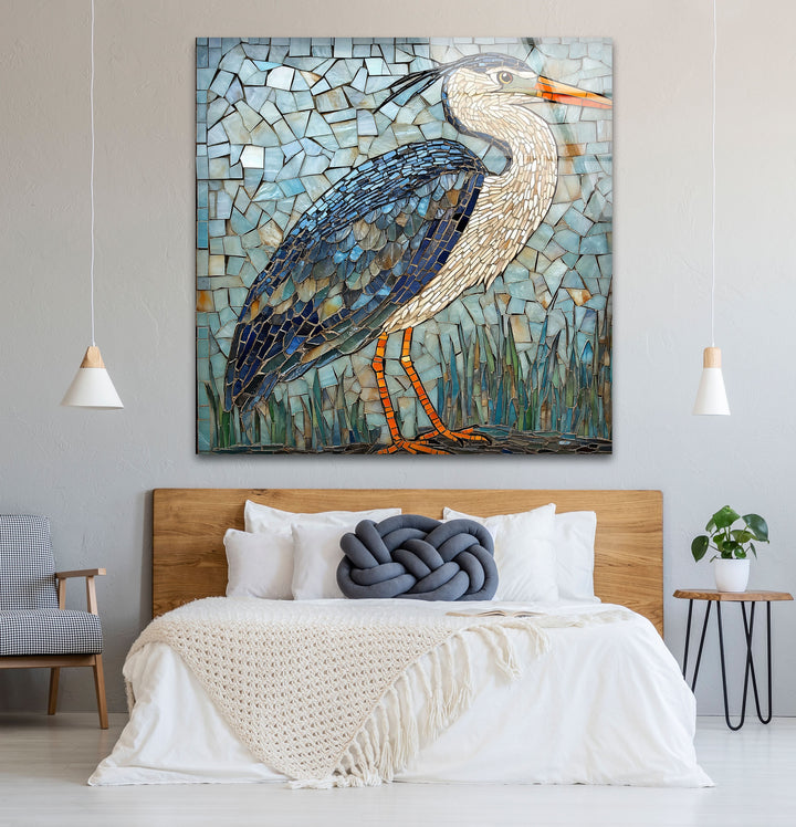 Mosaic Majesty – Blauer Reiher, Glaswandkunst