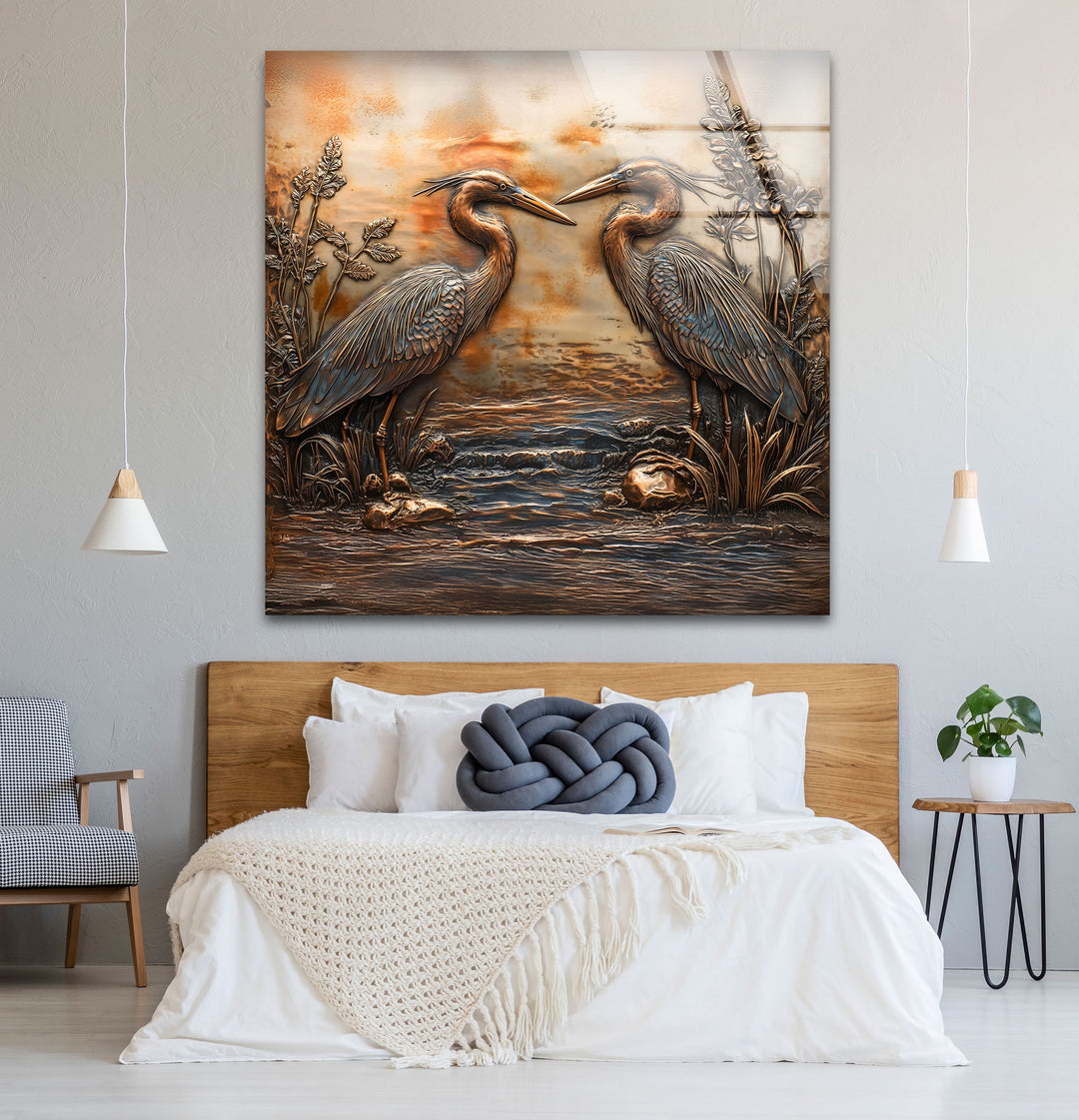 Goldene Reflexion – Zwillingsreiher in Bronze-Relief-Glaswandkunst