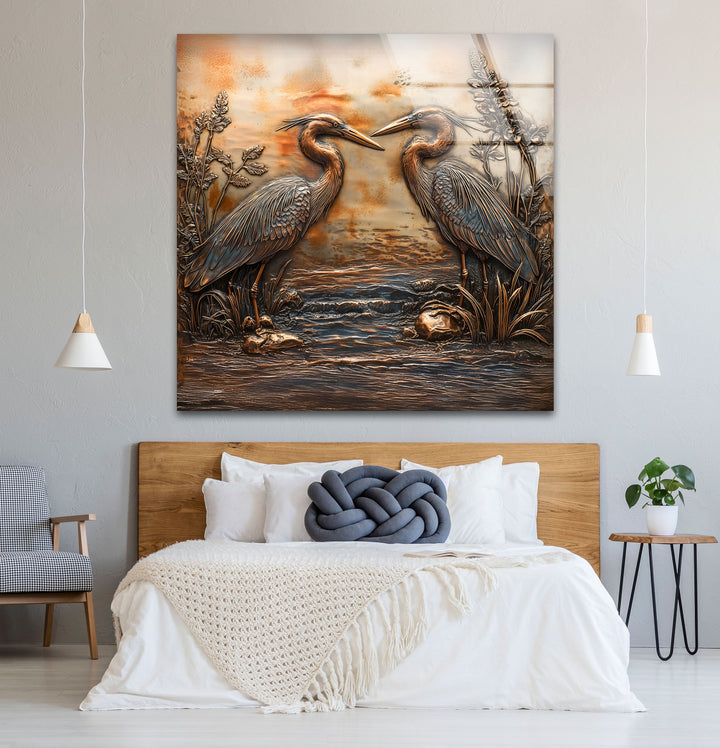 Goldene Reflexion – Zwillingsreiher in Bronze-Relief-Glaswandkunst