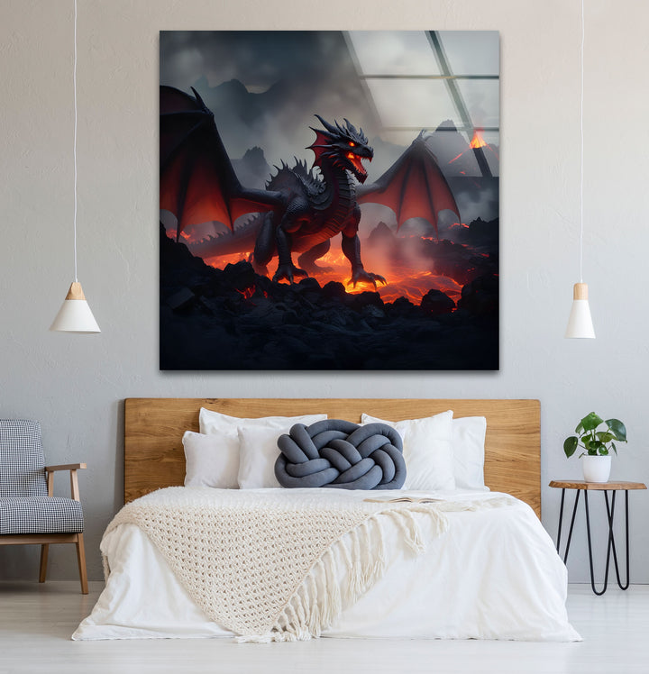 A red dragon standing tall amidst flames and volcanic rocks, creating a dramatic and mythical atmosphere on glass.
