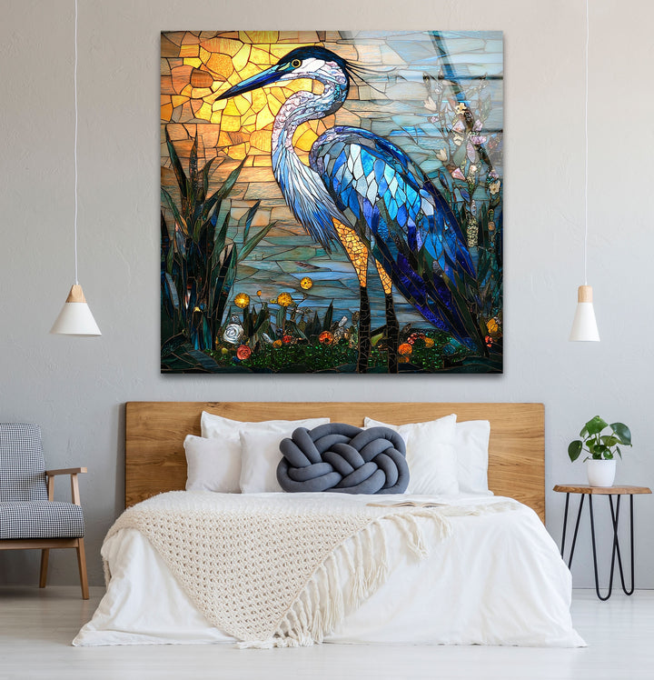 Sunset Majesty – Mosaikreiher-Wandkunst aus Glas