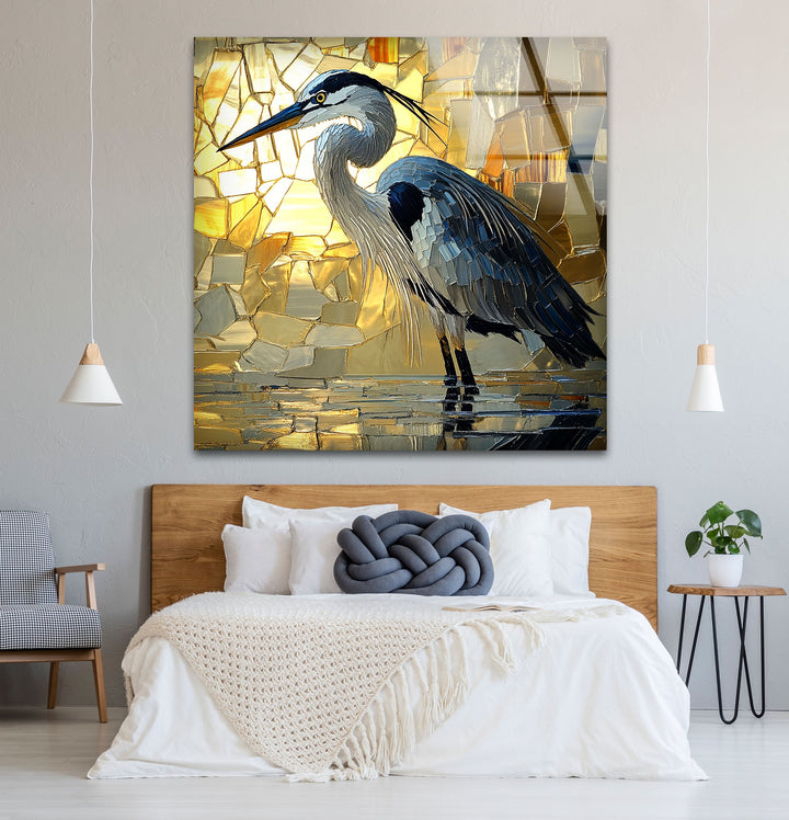 Goldenes Licht – Reiher in Mosaik-Leuchtglas-Wandkunst